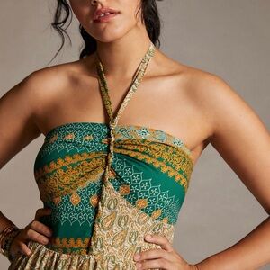 TINY Twist Halter Maxi Dress Green & Marigold